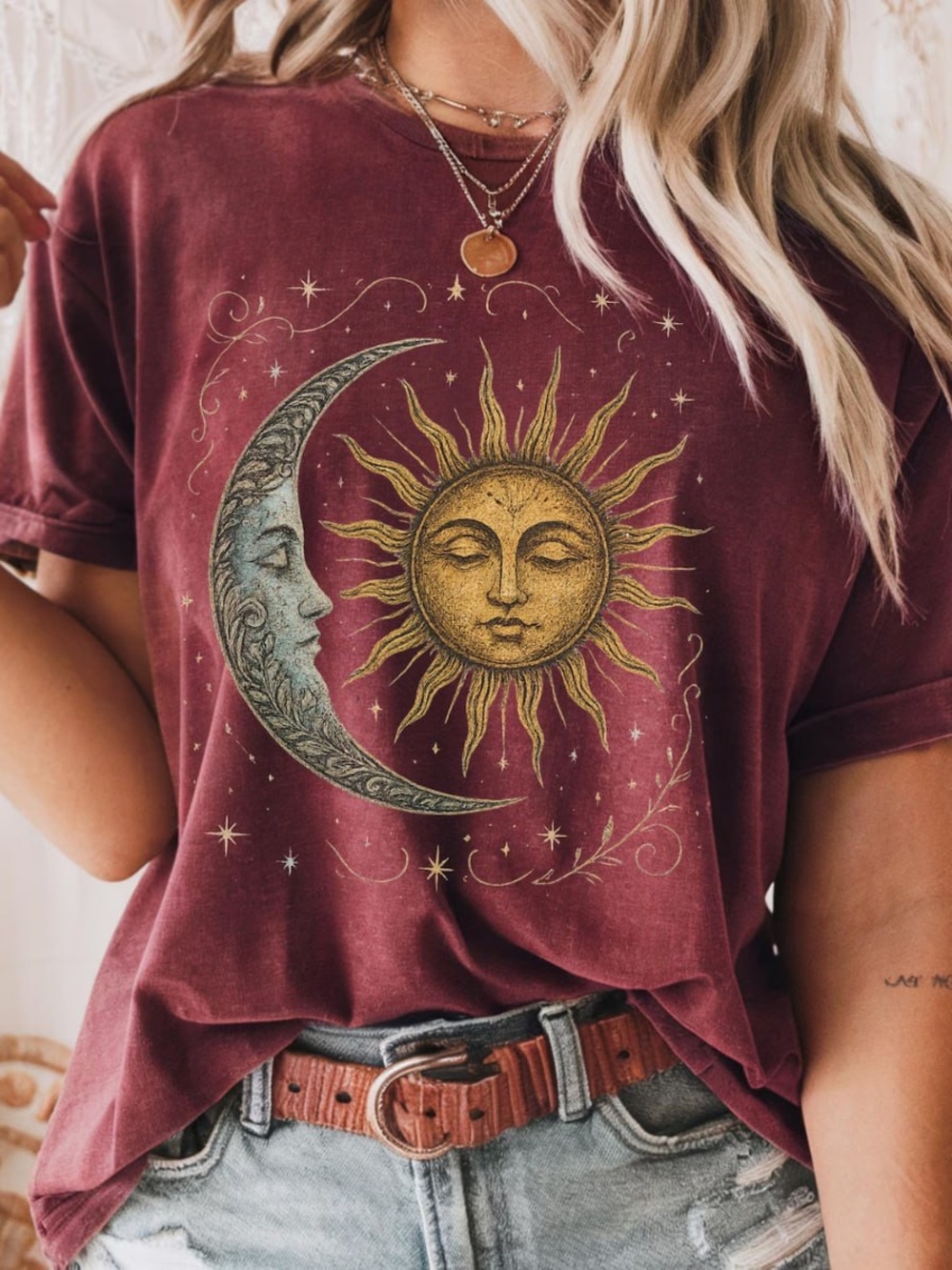Vintage Sun & Moon Graphic Tee - Burgundy
